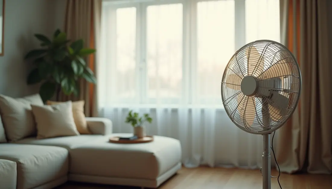 Close-up view of a fan blowing air in a living room with closed curtains
